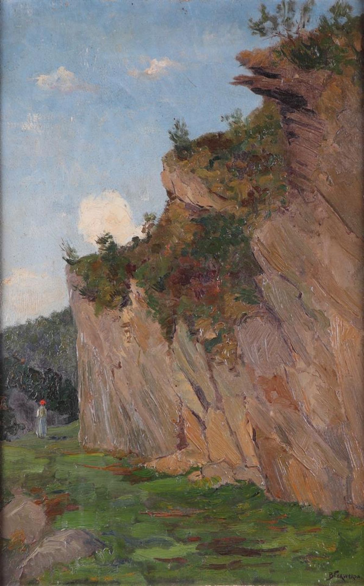 Barend Ferwerda (Amsterdam 1880 - 1958 Heelsum), Walker near a rock face in a landscape, 