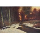 Dutch School, ca. 1920, Winter forest landscape with bridge over a stream, signed: "H. Zevenbergen"