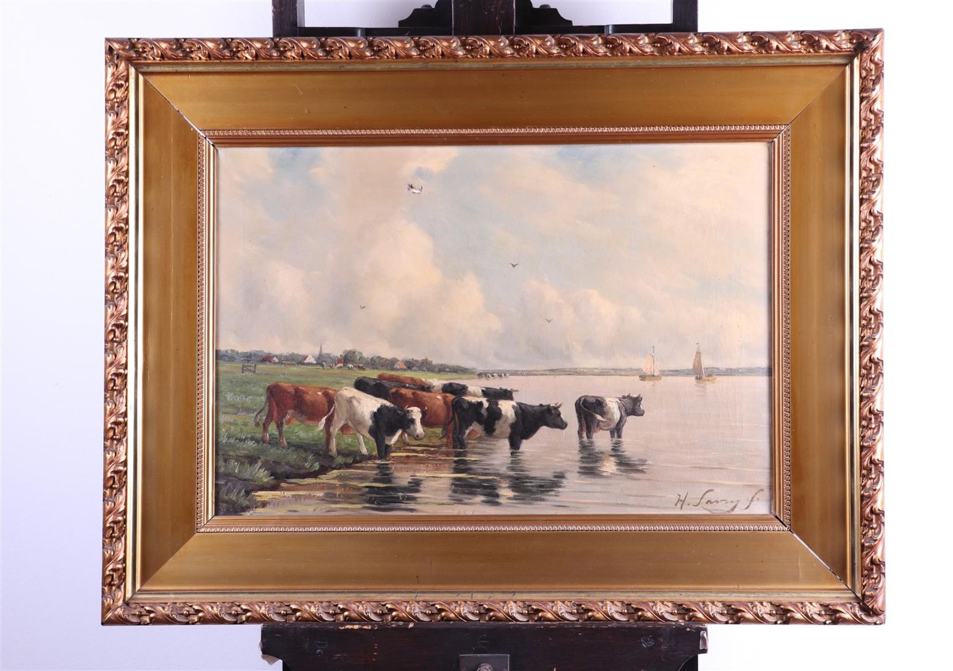 Attributed to  Hendrik Savrij (1822 - 1907), Cows on the waterfront, signed , oil on canvas. - Image 2 of 4