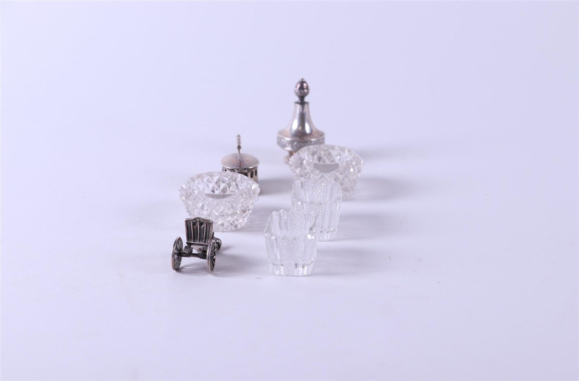 A lot consisting of three silver miniatures (one damaged), plus two sets of cut glass salt cellars. - Image 2 of 3