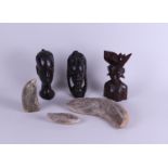 Collection of fossils, and (3) woodcarvings, one balinese .