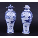 Two baluster-shaped porcelain vases with river landscape decor. Different lids. China, Qianlong.