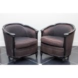 A set of (2) modern bergeres upholstered in brown fabric.