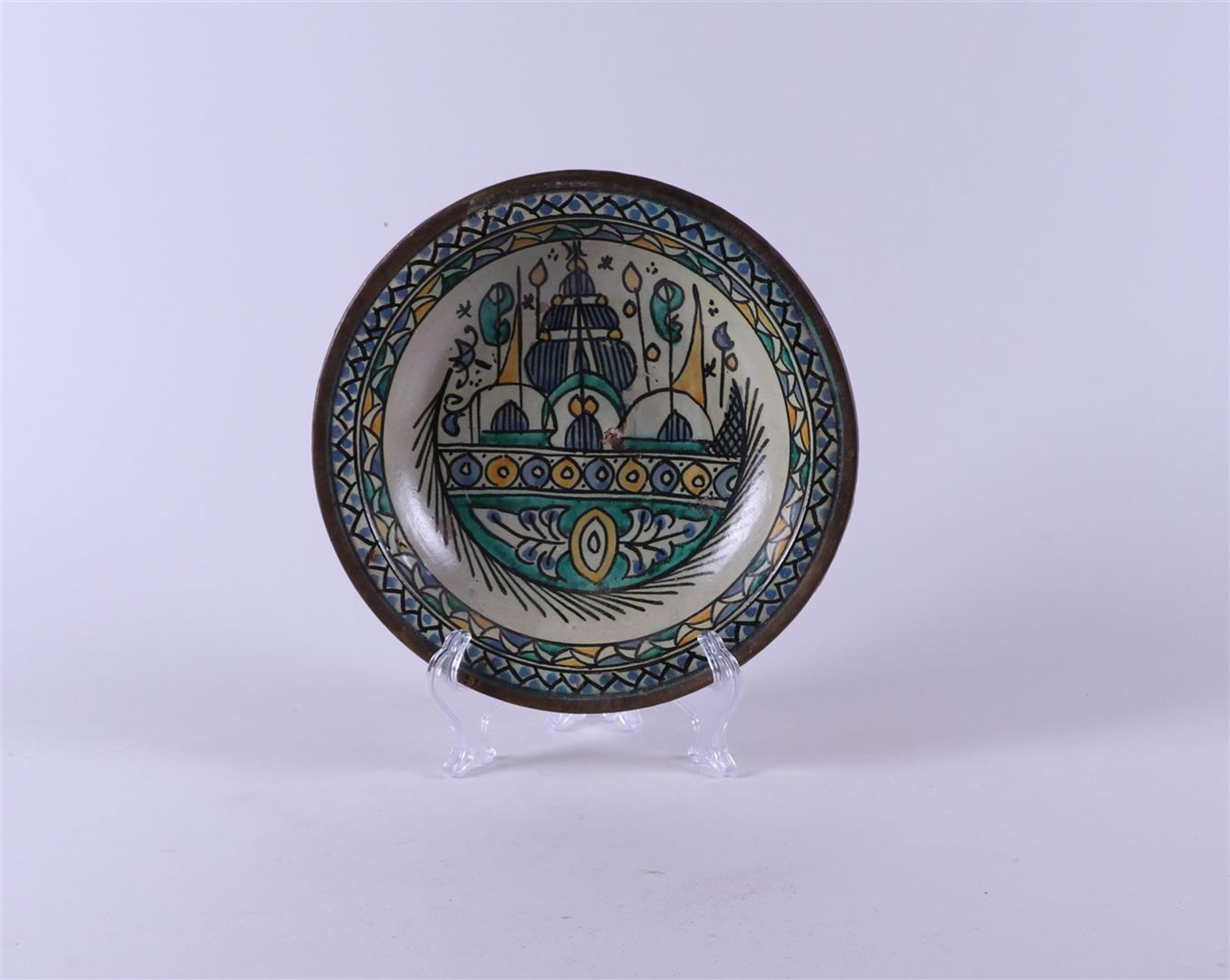 A Moroccan earthenware dish depicting a ship. Fes, Morocco, - Image 2 of 2