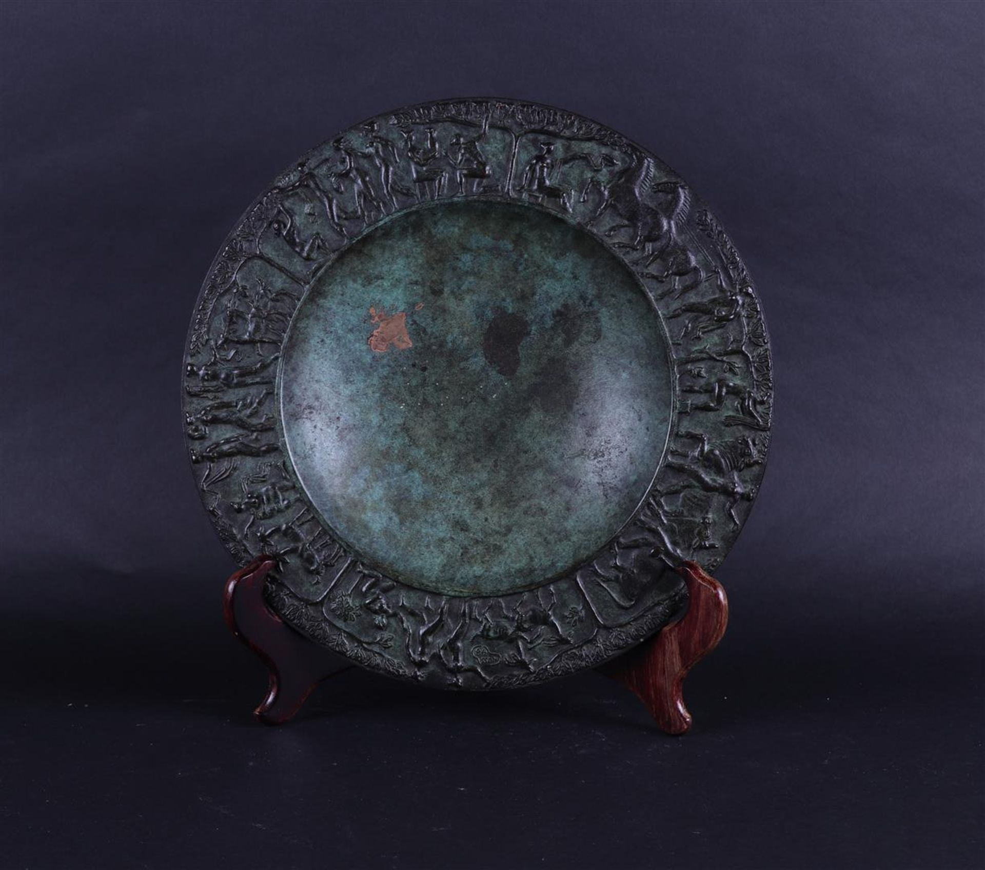 Fritz Nuss, German bronze decorative dish. Signed Nuss 48, figures/animal decor all around. 