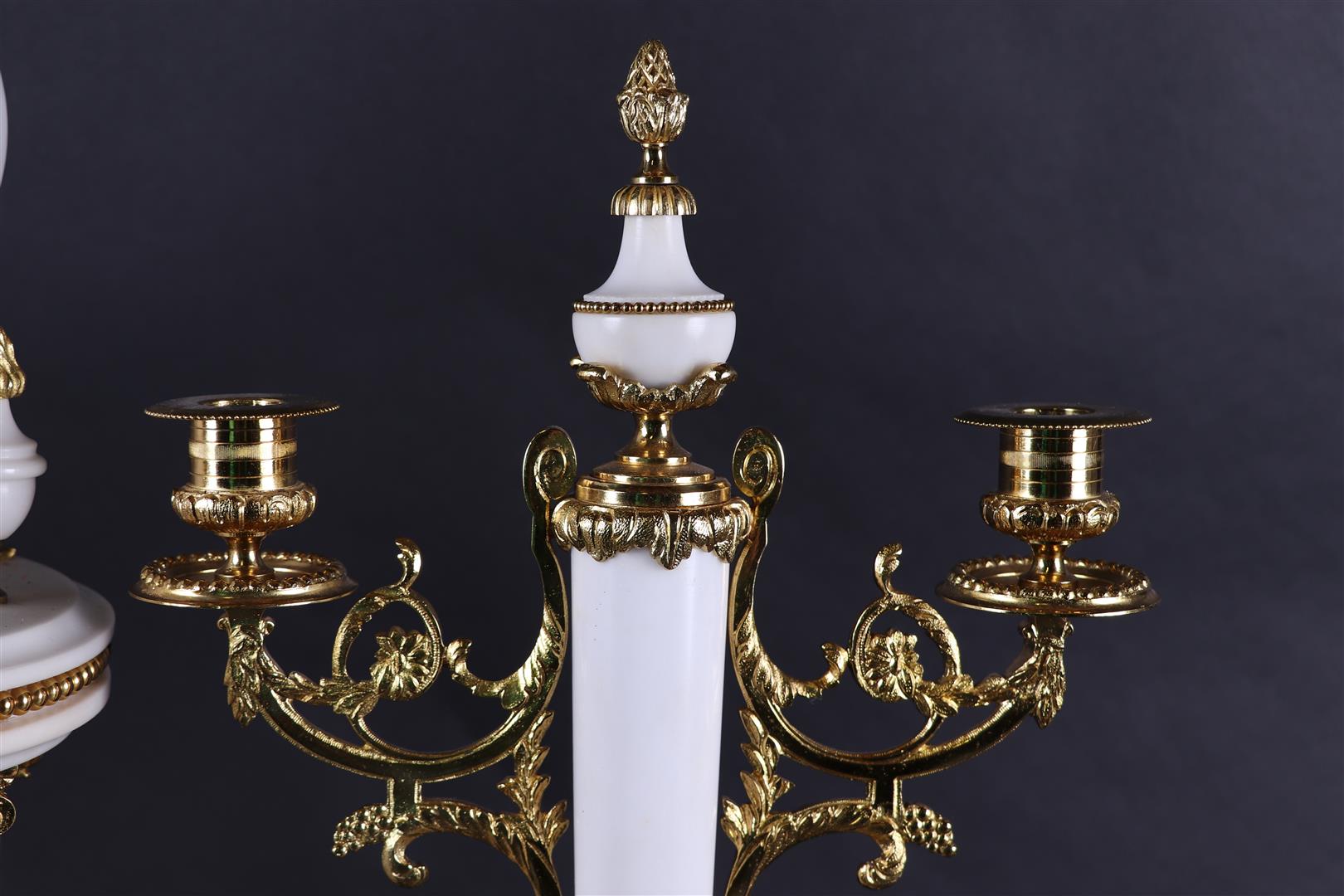 A white marble fireplace set with "gilded" brass frames. France, 20th century. - Image 3 of 7