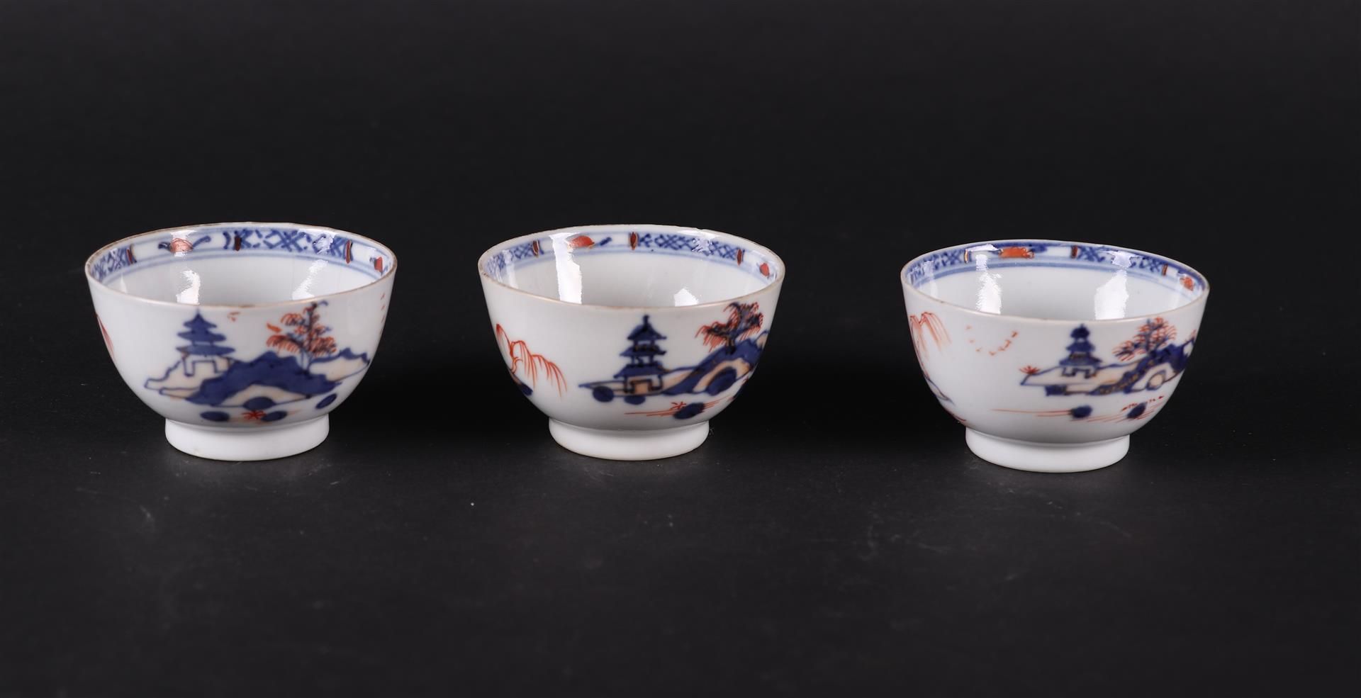 Three porcelain Imari bowls with river landscape decor  and pagoda. China, Qianlong. - Image 2 of 4