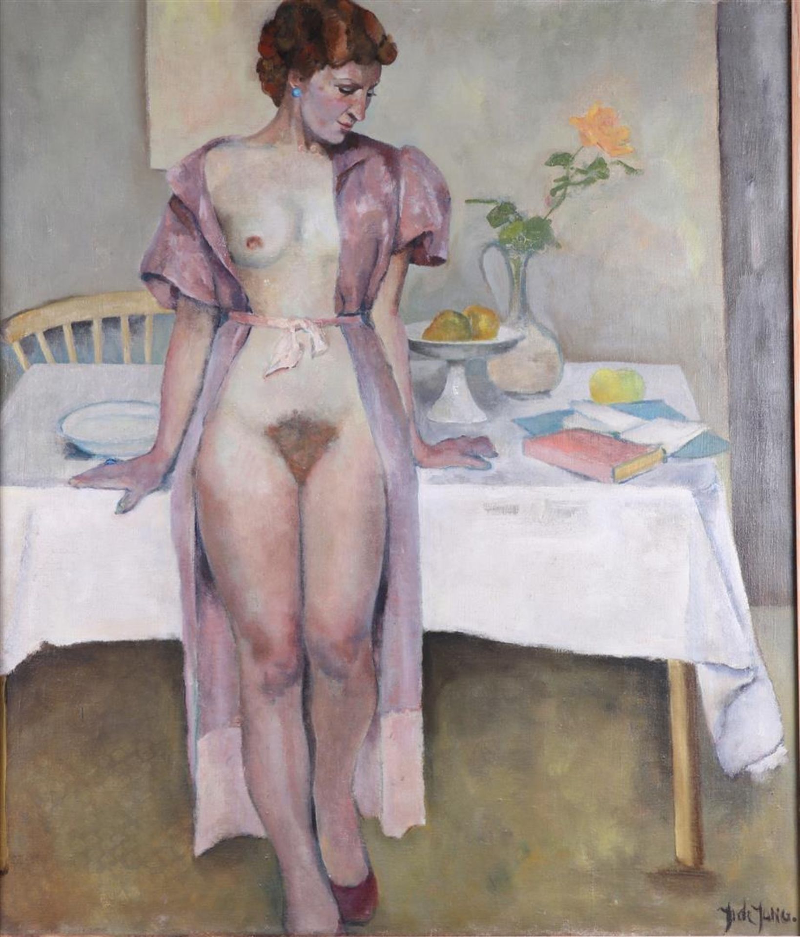 Jules de Jong, 20th century. Standing nude in the studio, signed (lower right), oil on canvas.