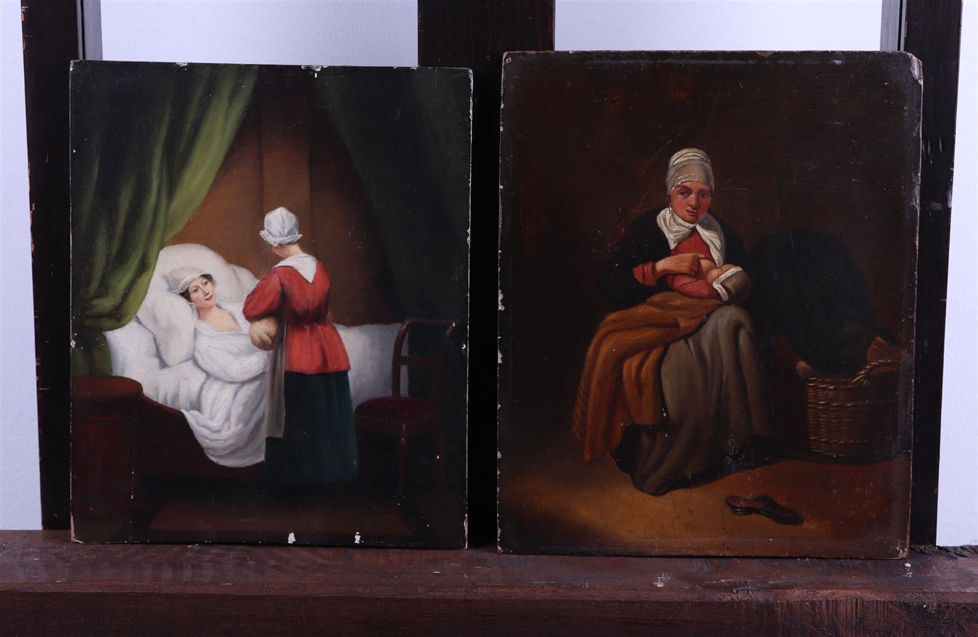 A lot  with (2) 19th century painting of mother in interior. Resp.: Laborbed, and feeding the baby.