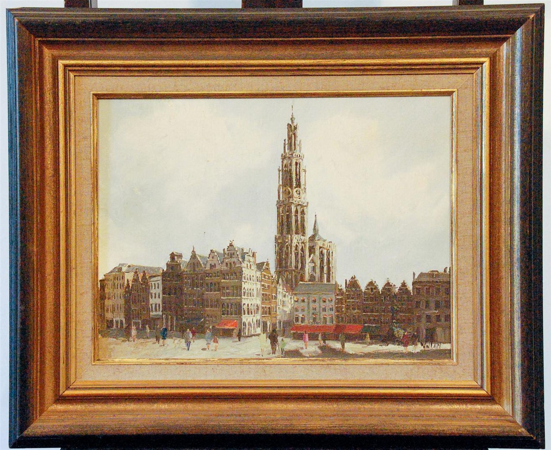 Belgian School, 20th century. View of Antwerp Cathedral, signed indistinctly, oil on canvas.