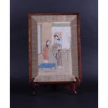 A 19th century painting on silk depicting a scene of two ladies-in-waiting and a gentleman.