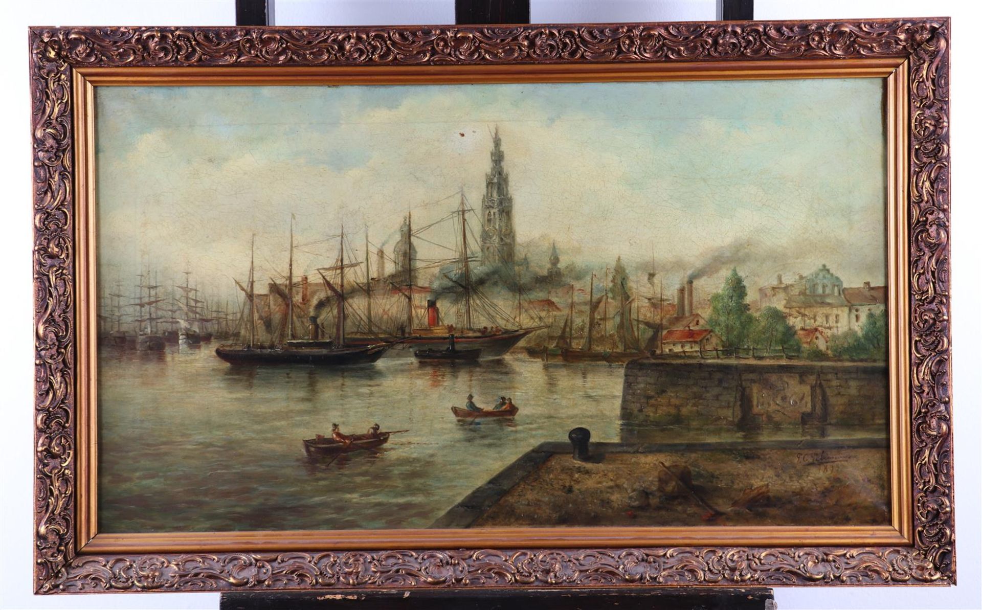 Belgian School, ca. 1900, View in the harbor of Antwerp, signed indistinctly, and dated "1898"  - Image 3 of 4