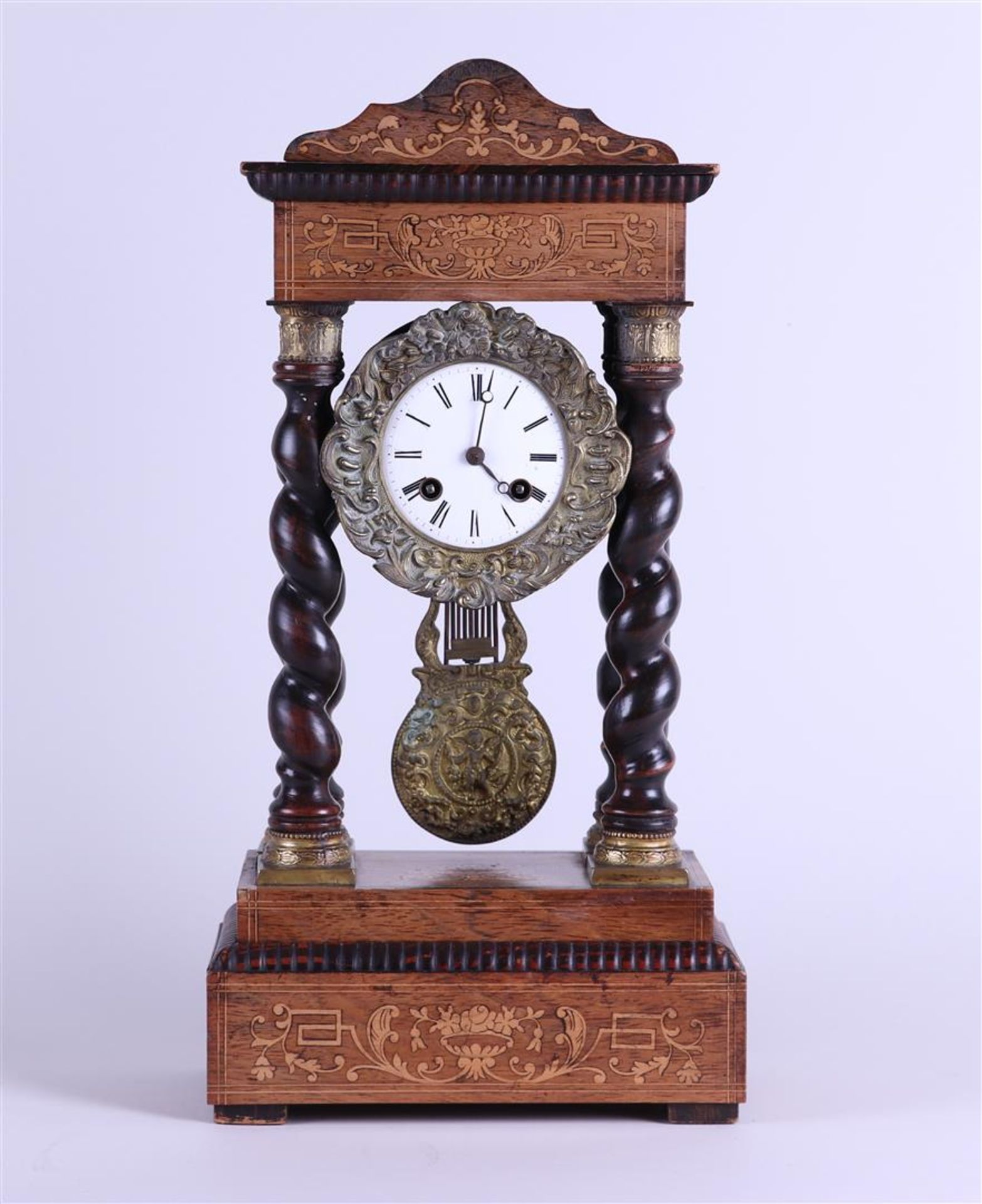 A wooden column clock with intarsia. France, circa 1870