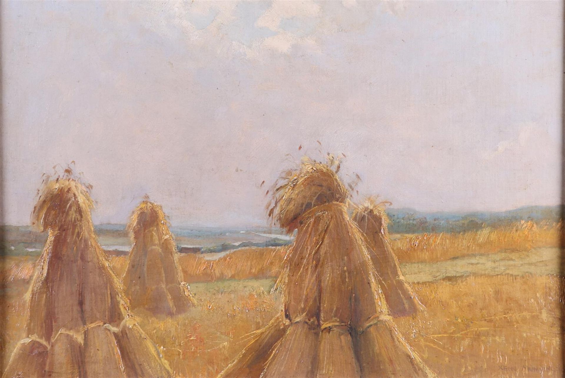 Xeno Munninghoff (Deventer 1873 - 1943 Barneveld), Sheaves of wheat in a landscape near Barneveld, 