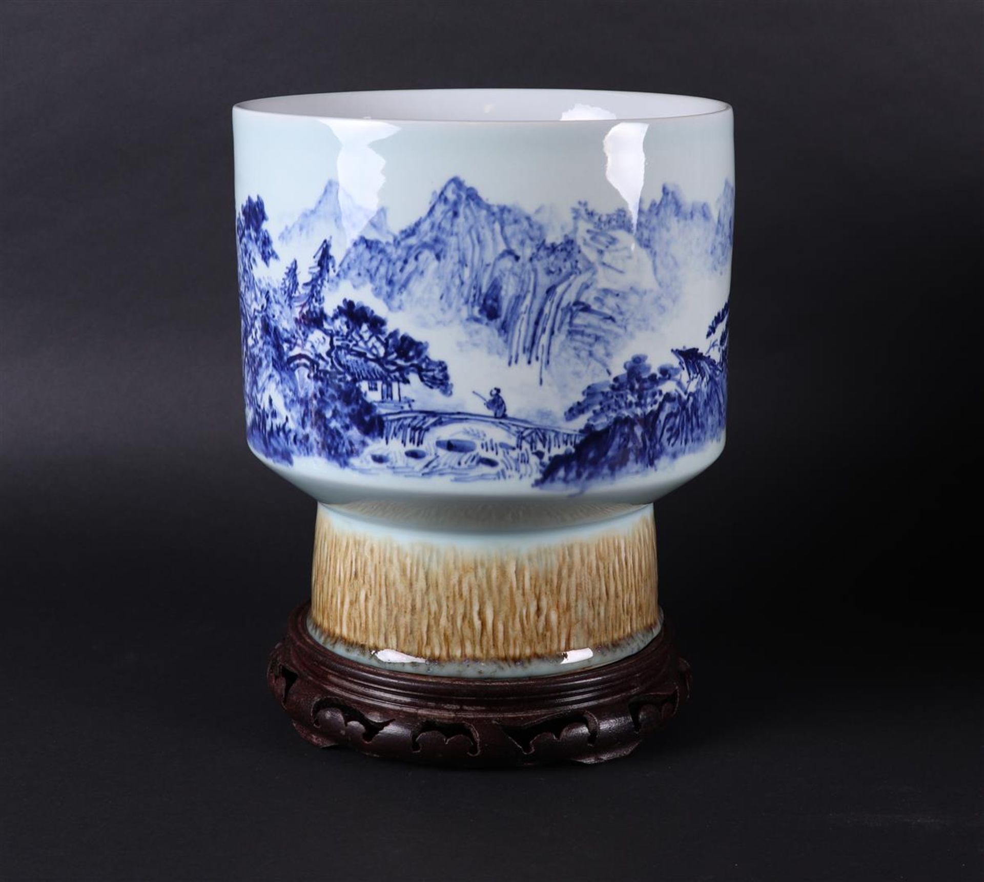 A porcelain Jingdezhen beaker vase with landscape decor. China, 20th century.