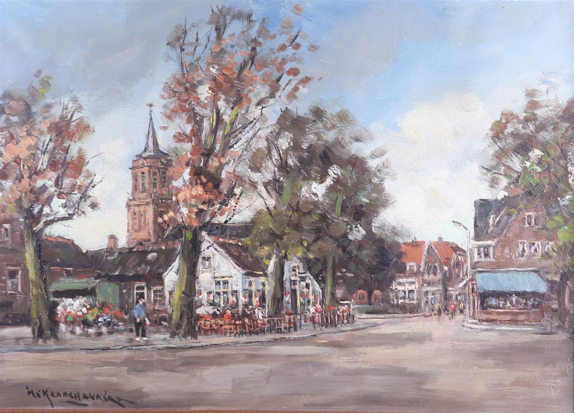 H.A.C. Kranenburg (1917 - 1997). View of the Brink in Laren (NH) with cafe "Het Bonte Paard",