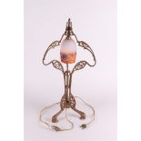 Degué for David Guéron (1892-1950), an Art Noveau copper table lamp with satined glass lampshade