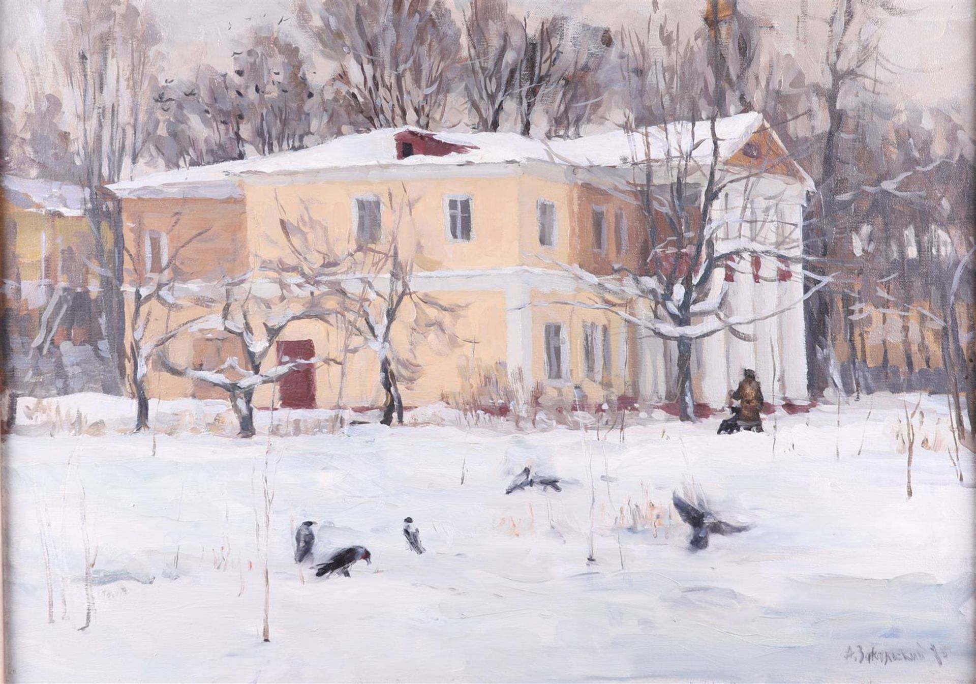 East European School, 20th century, A winter landscape with country house and ravens, 