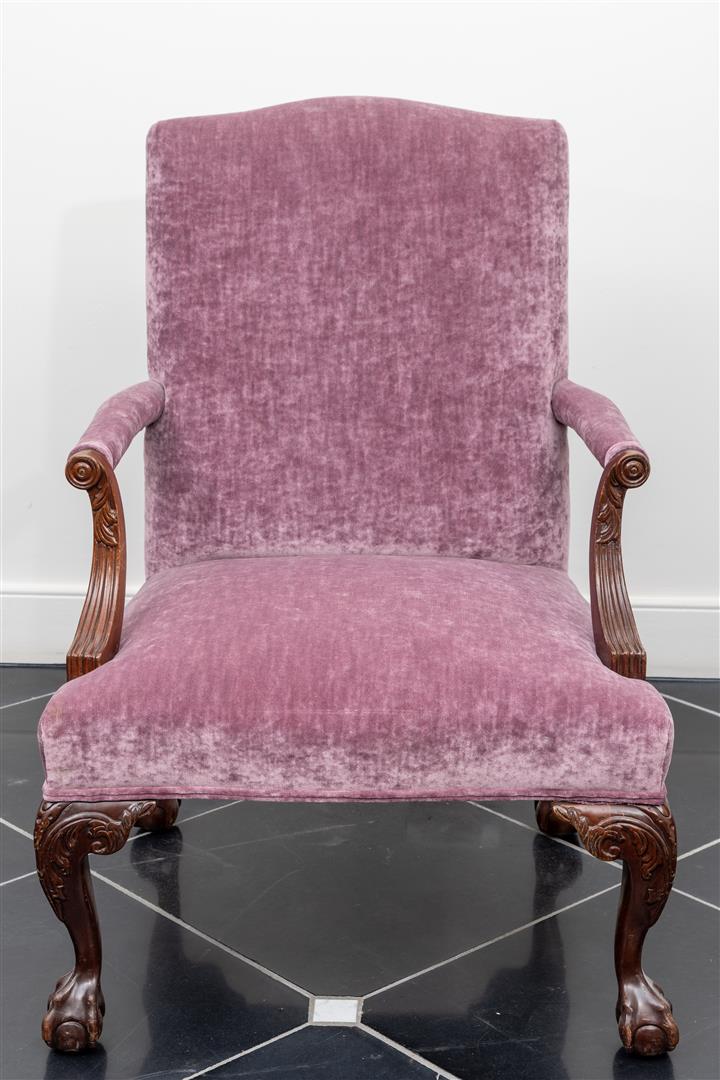 An armchair upholstered in purple fabric, after an 18th century example. - Image 2 of 2