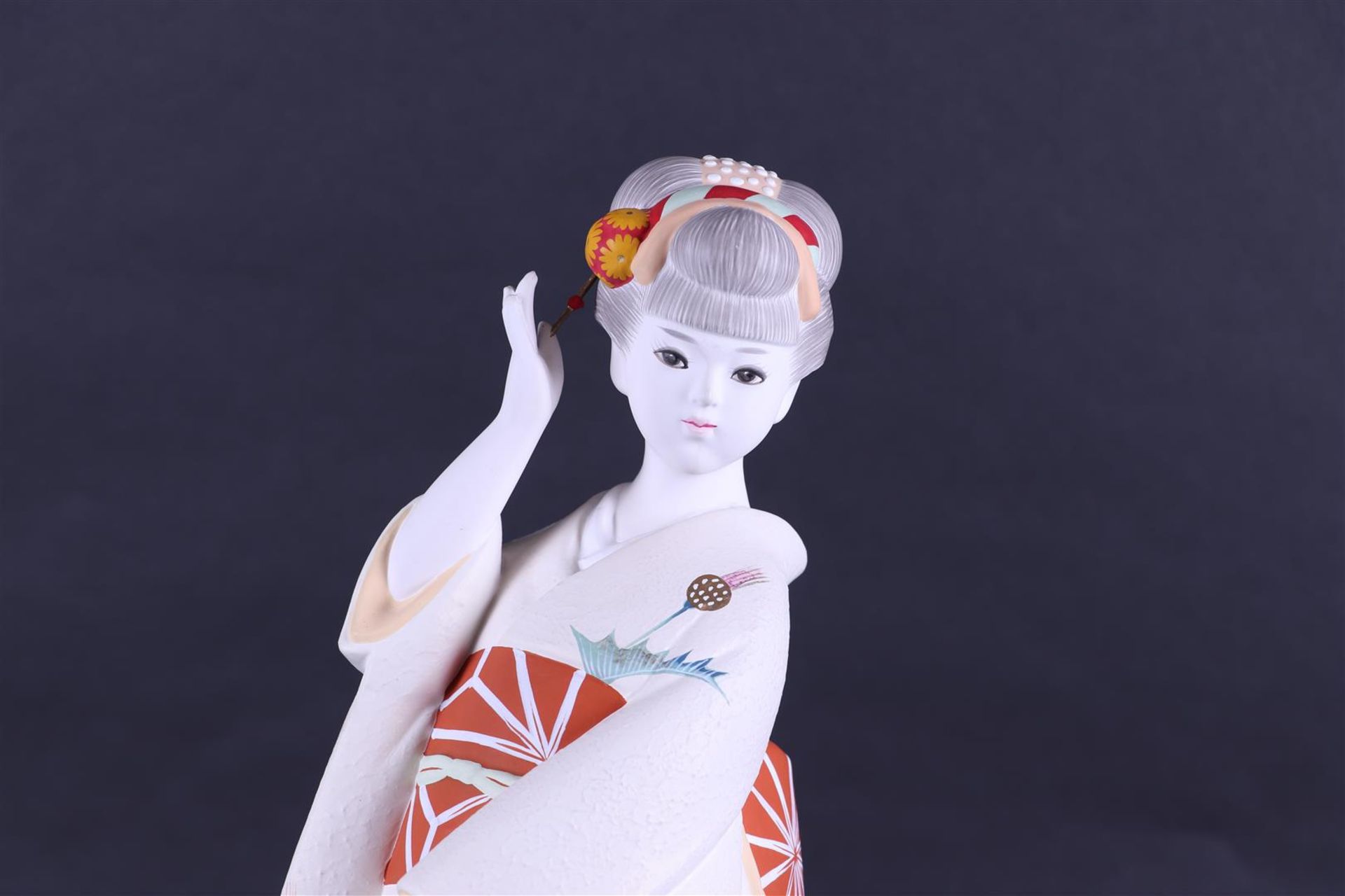 A biscuit Geisha, (later) mounted under a dome. Japan, 20th century. - Image 3 of 5