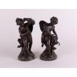 A brown patinated bronze of an Eros figurine taking an arrow, and a bronze of a wind goddess,