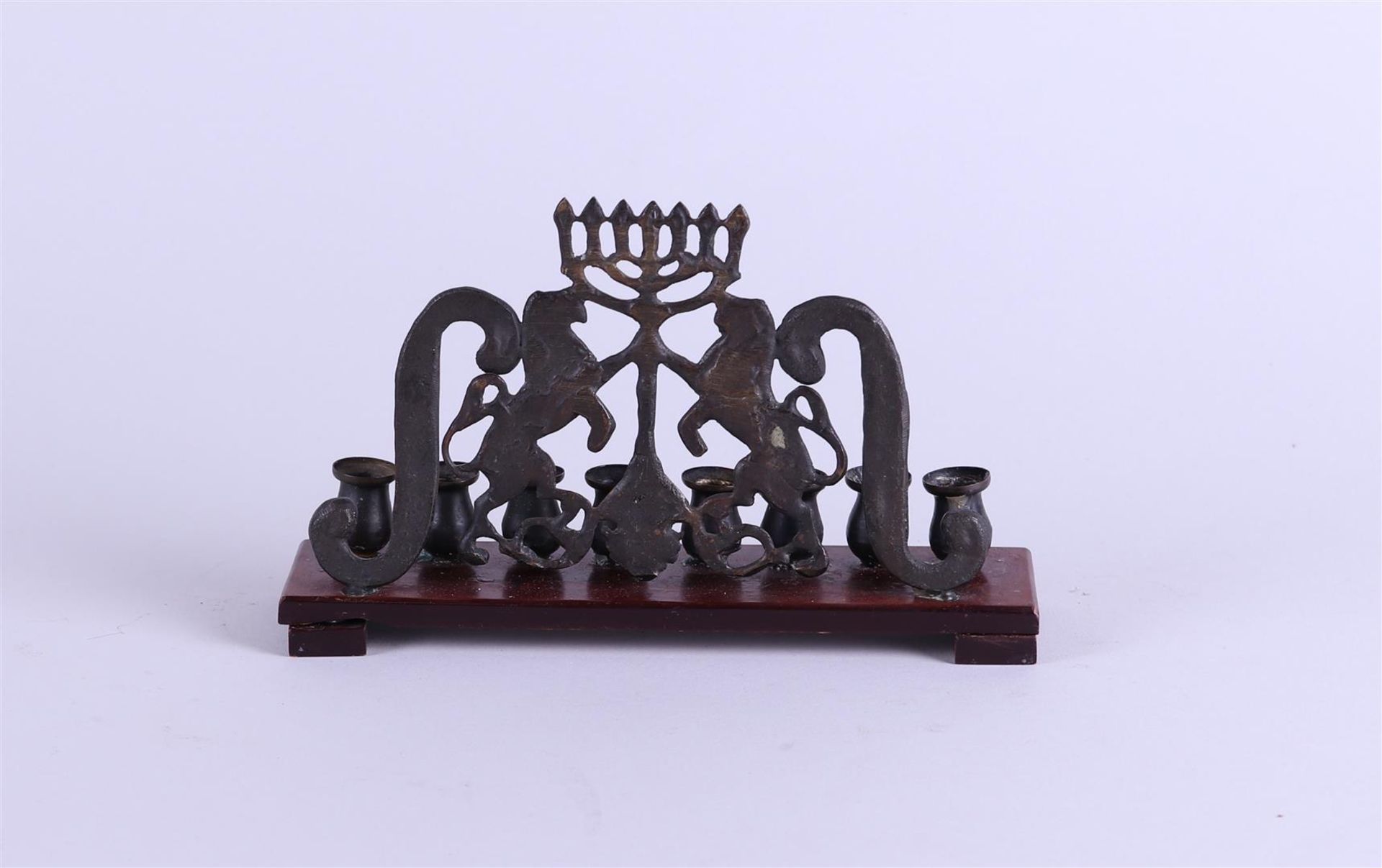 A copper Hanukkah on wooden base. 19th century. - Image 2 of 2