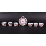 Six porcelain Imari bowls and one plate with a bamboo raft decor. Japan 18th century.
