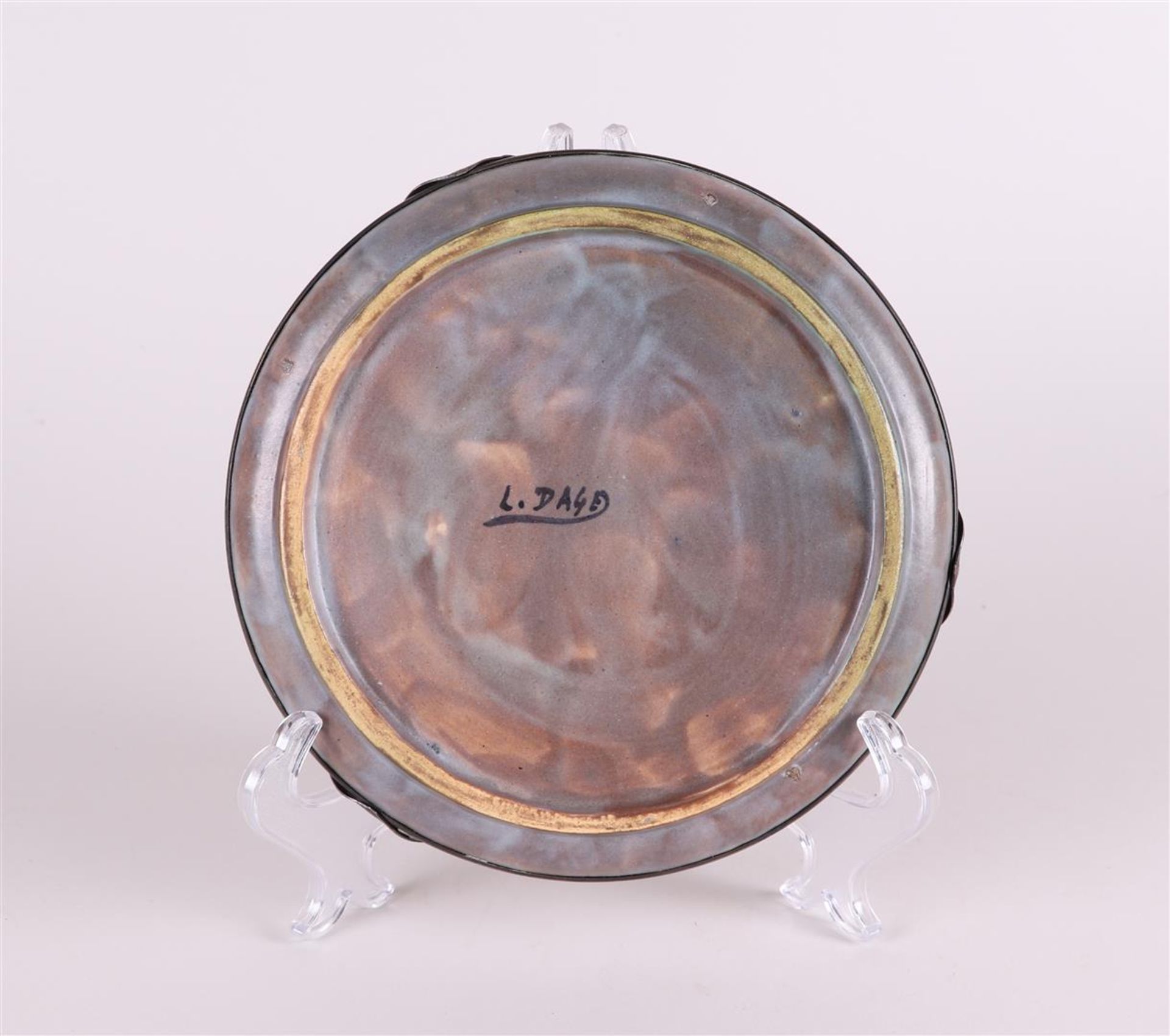 Louis Dage (1885-1963). An earthenware drip glazed dish  with copper mounting, marked on the back. - Image 3 of 3