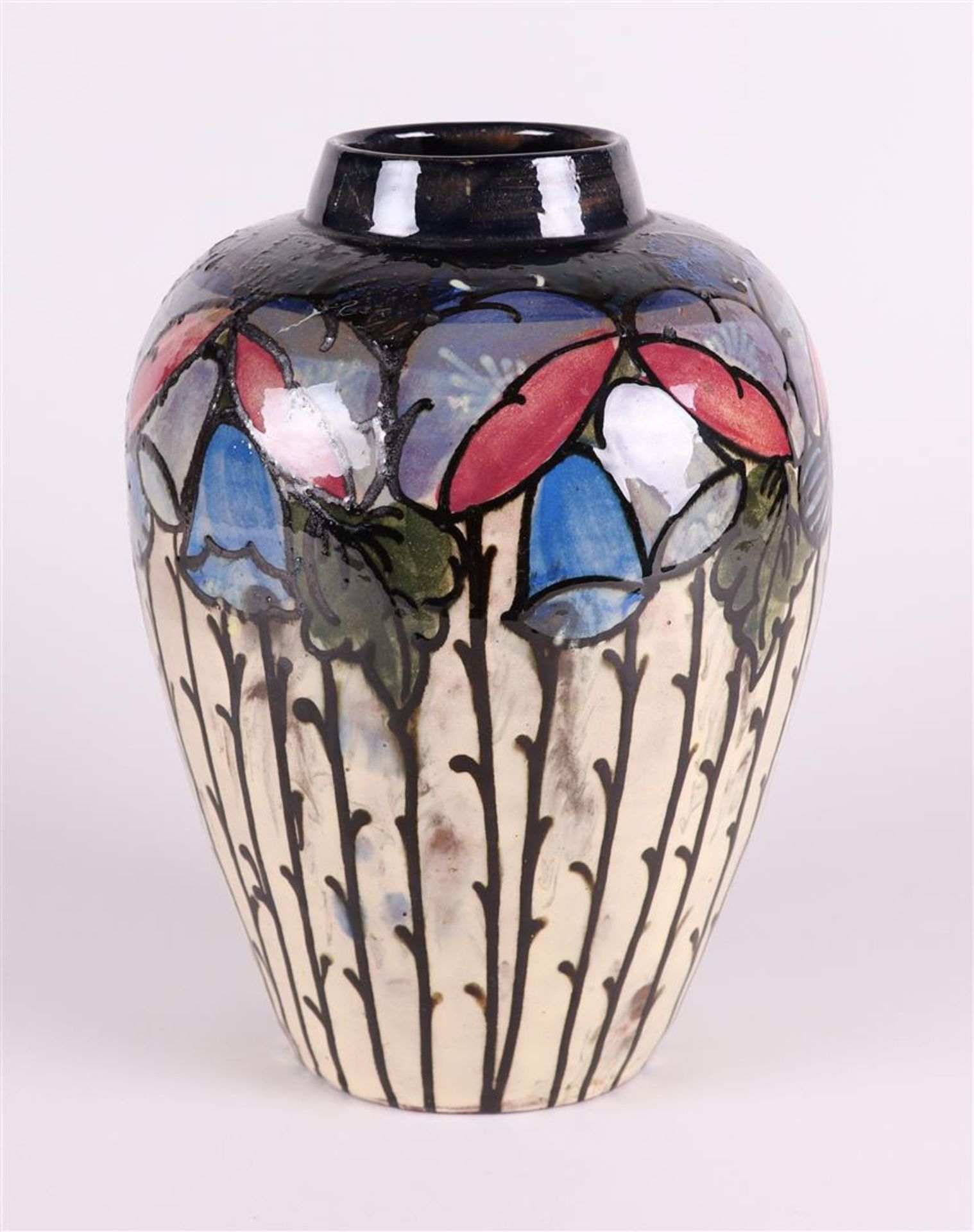 An Art Nouveau style polychrome painted earthenware vase, marked: "Bovey". Early 20th century.