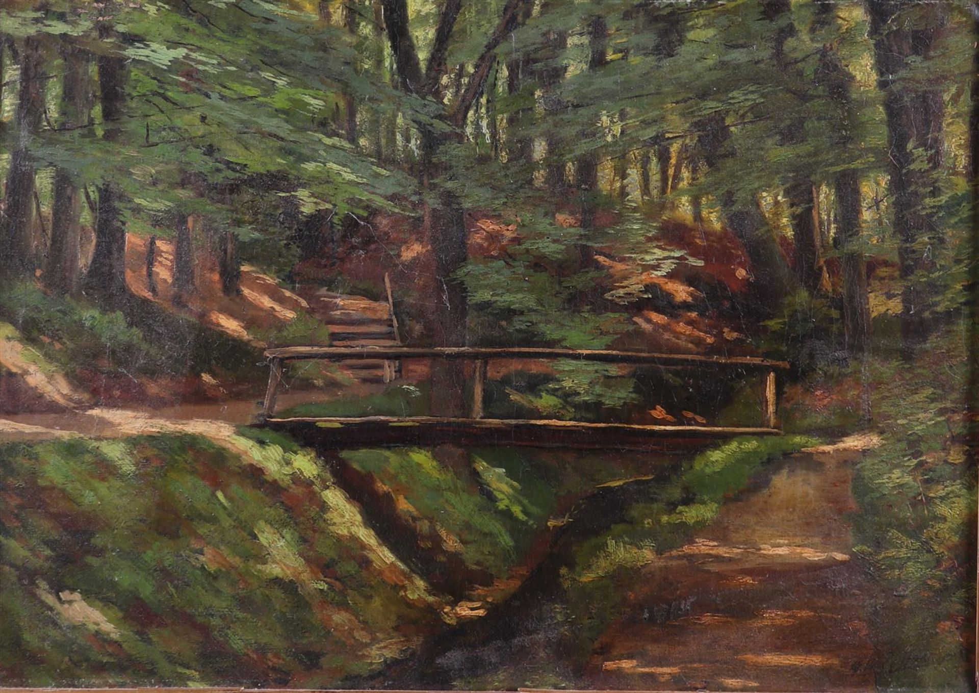 Gerard Willem Pieter "Gerrit"van Dokkum (Utrecht 1870 - 1931)A wooden bridge over a forest stream