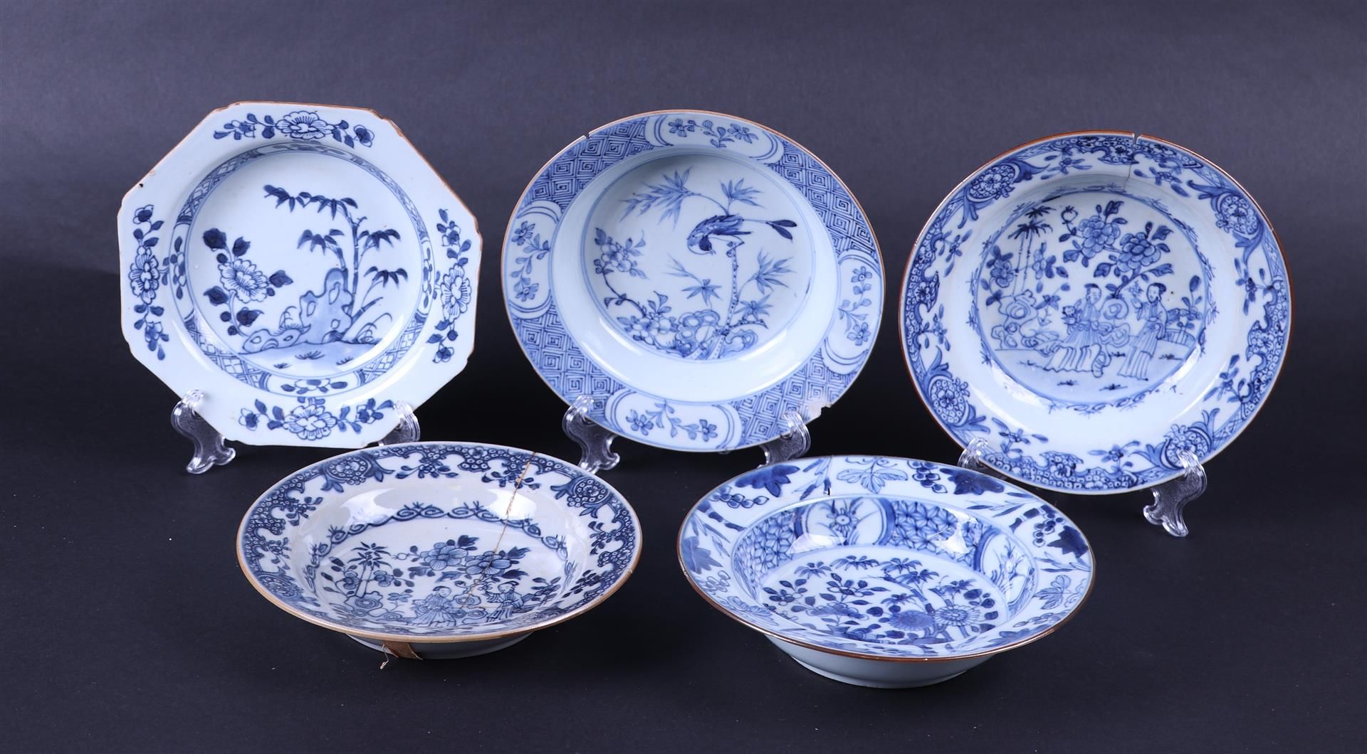 A lot of five porcelain cream plates with various decorations. China, 18th century.