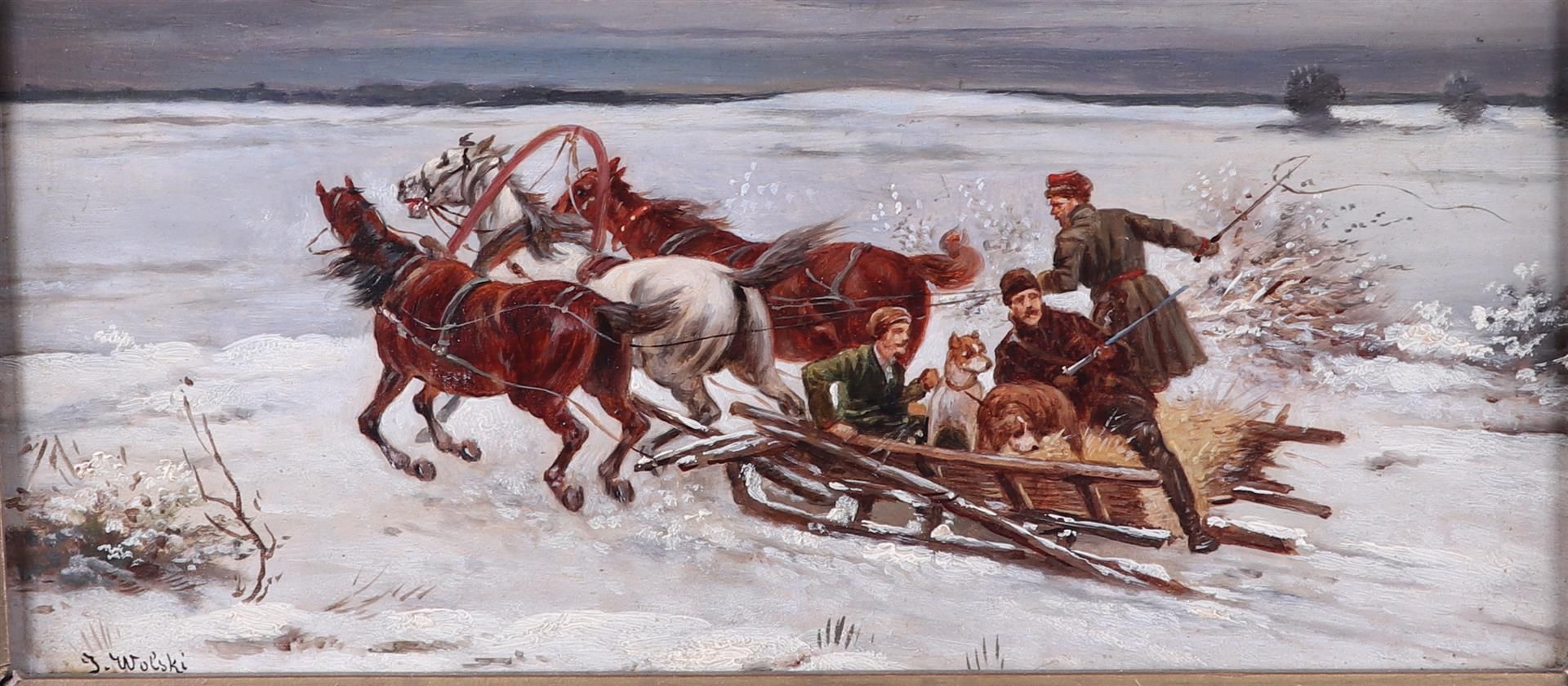 Janus Wolski, 19th century, "Fahrt zur Jagd" / Troika in the snow, signed, oil on panel.