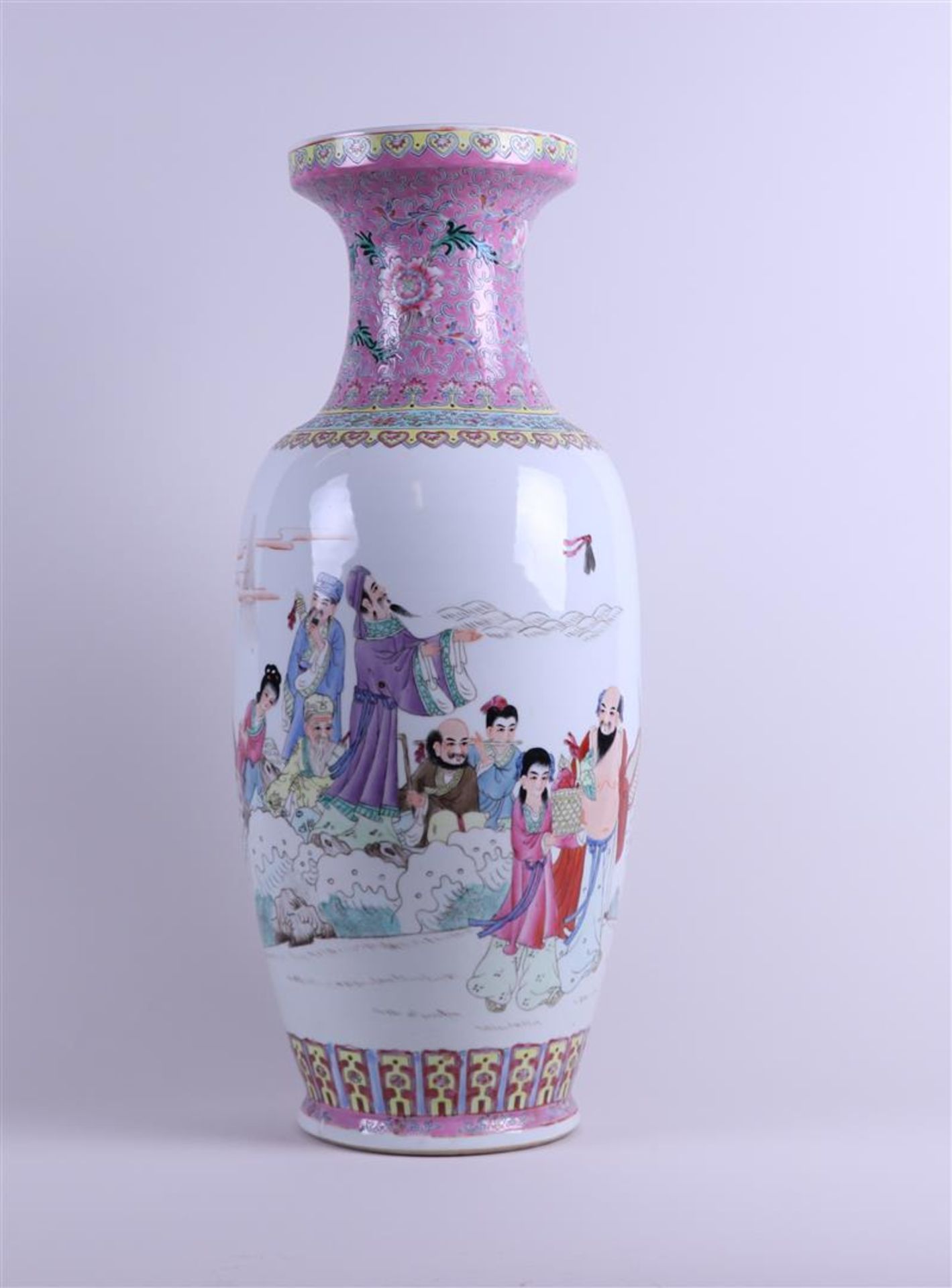 A large porcelain Famile Rose vase decorated with immortals and Chinese characters, 