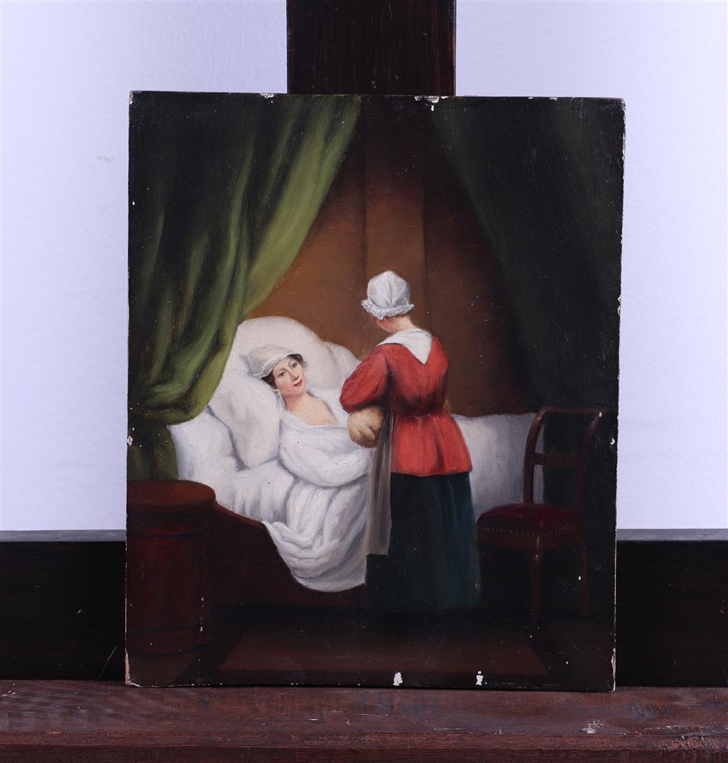 A lot  with (2) 19th century painting of mother in interior. Resp.: Laborbed, and feeding the baby. - Image 2 of 4