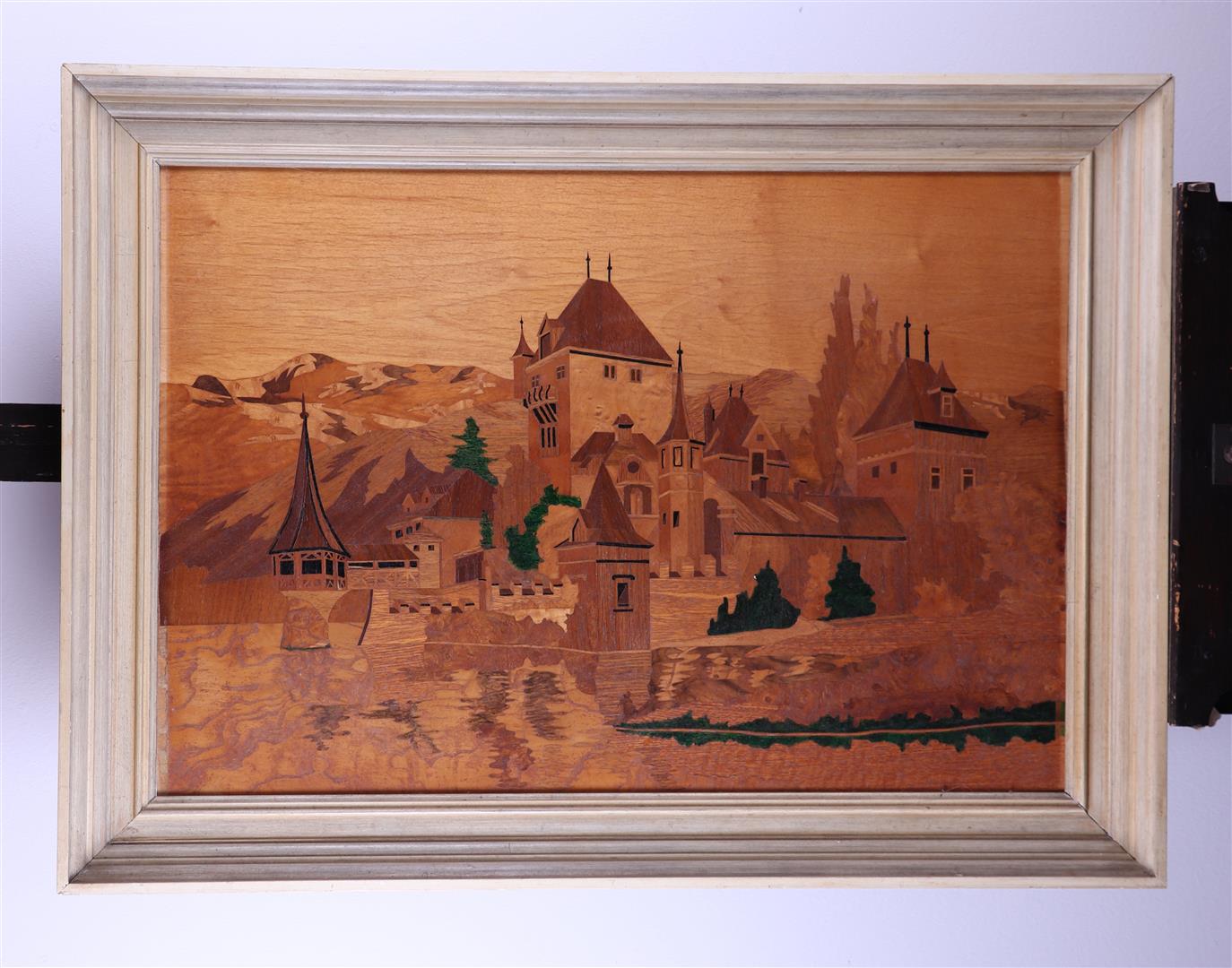 A marquetry depiction of a castle on a lake, presumably Switzerland/Italy - Image 2 of 3