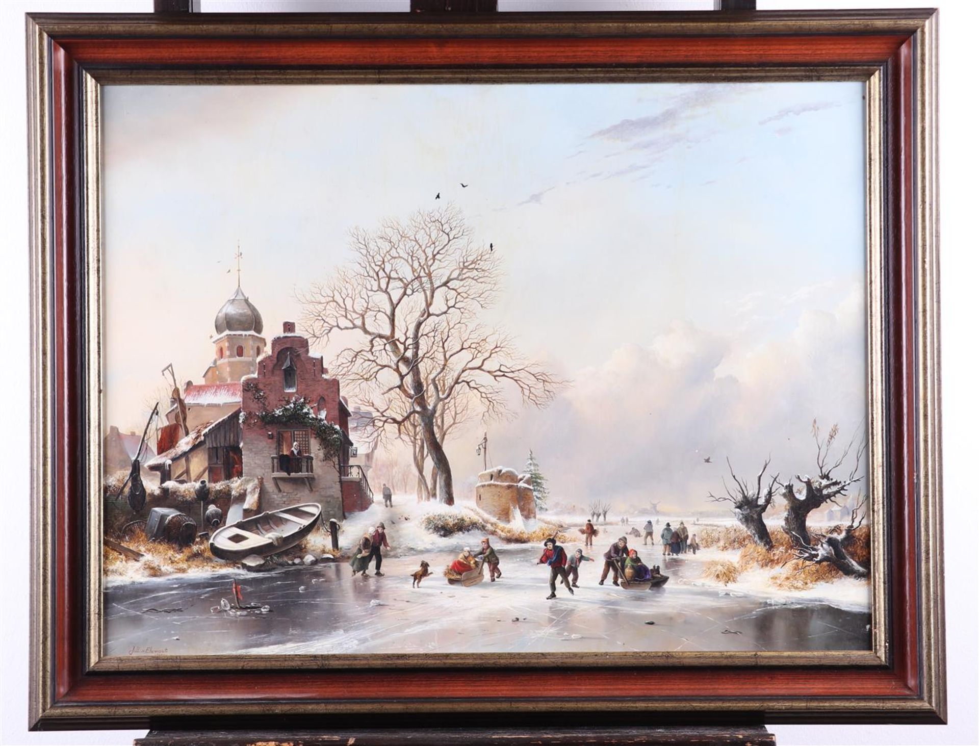 J.J. van Elewout, Dutch XX, Dutch river landscape in winter with a skaters  near a toll house, signe - Image 2 of 4