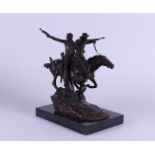 D'après Frédéric Remington, A bronze patinated sculpture of cowboys on horseback, on a marble base