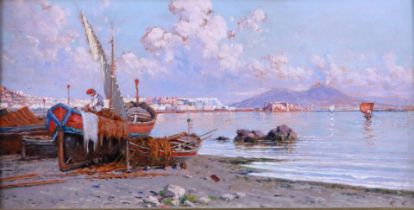 Giuseppe Carelli (Naples 1858 - 1921), A fisherman on his gozzo on the beach of Naples