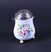 A porcelain Meissen matchstick container with silver handle and lid. Marked on the inside