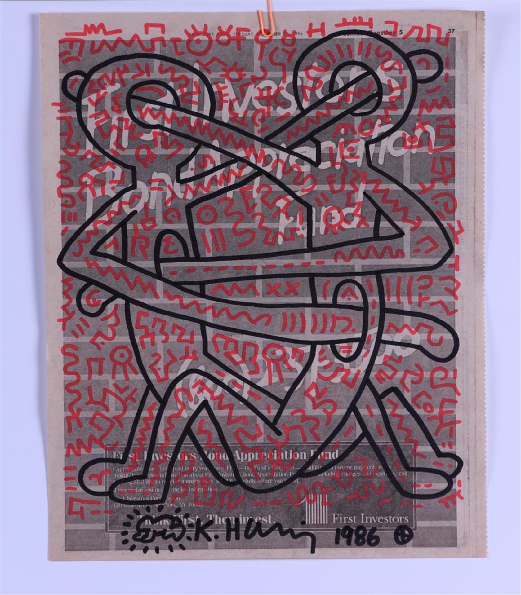 Keith Haring (Reading, Pennsylvania 1958 - 1990 New York) (after), Drawing in black marker on a page