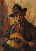 Cor Noltee (The Hague 1903 - 1967 Dordrecht), Mandolin player with hat and pipe