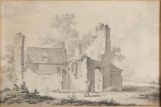 Dutch School, ca. 1800, A traveler at a ruin, washed ink on paper,