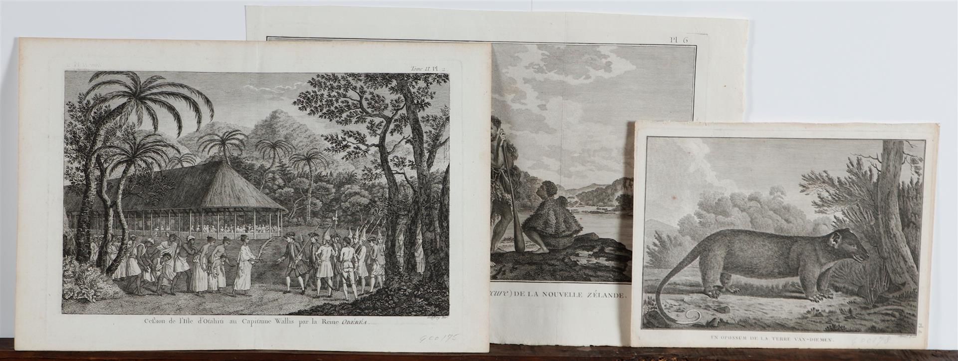 A lot consisting of (3) engravings with various scenes (James Cook), Hawaii, New Zealand, 18th centu