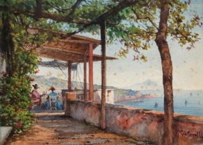 Neapolitan School, ca. 1900, Company on balcony on the Amalfi Coast, Mount Vesuvius in the distance,