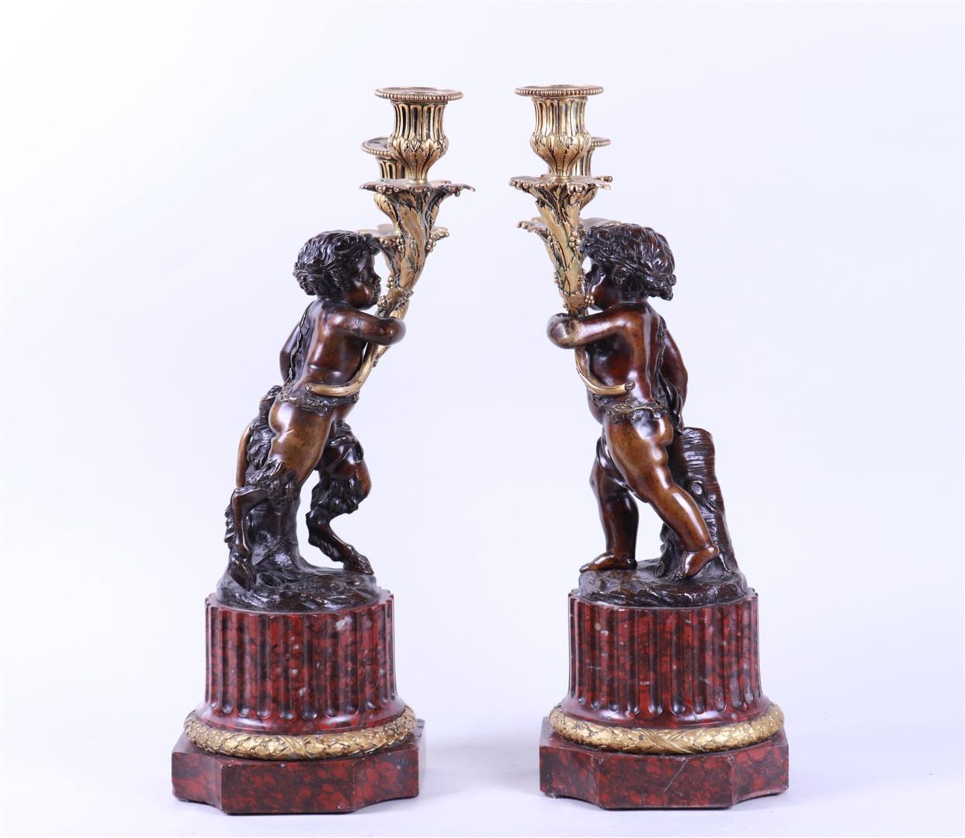 Pair of Bronze Two-Light Candlesticks on Red Marble Bases - Image 4 of 6