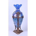 Large Vase in Blue Iridescent Glass with Bronze Frames (Ca. 1880)