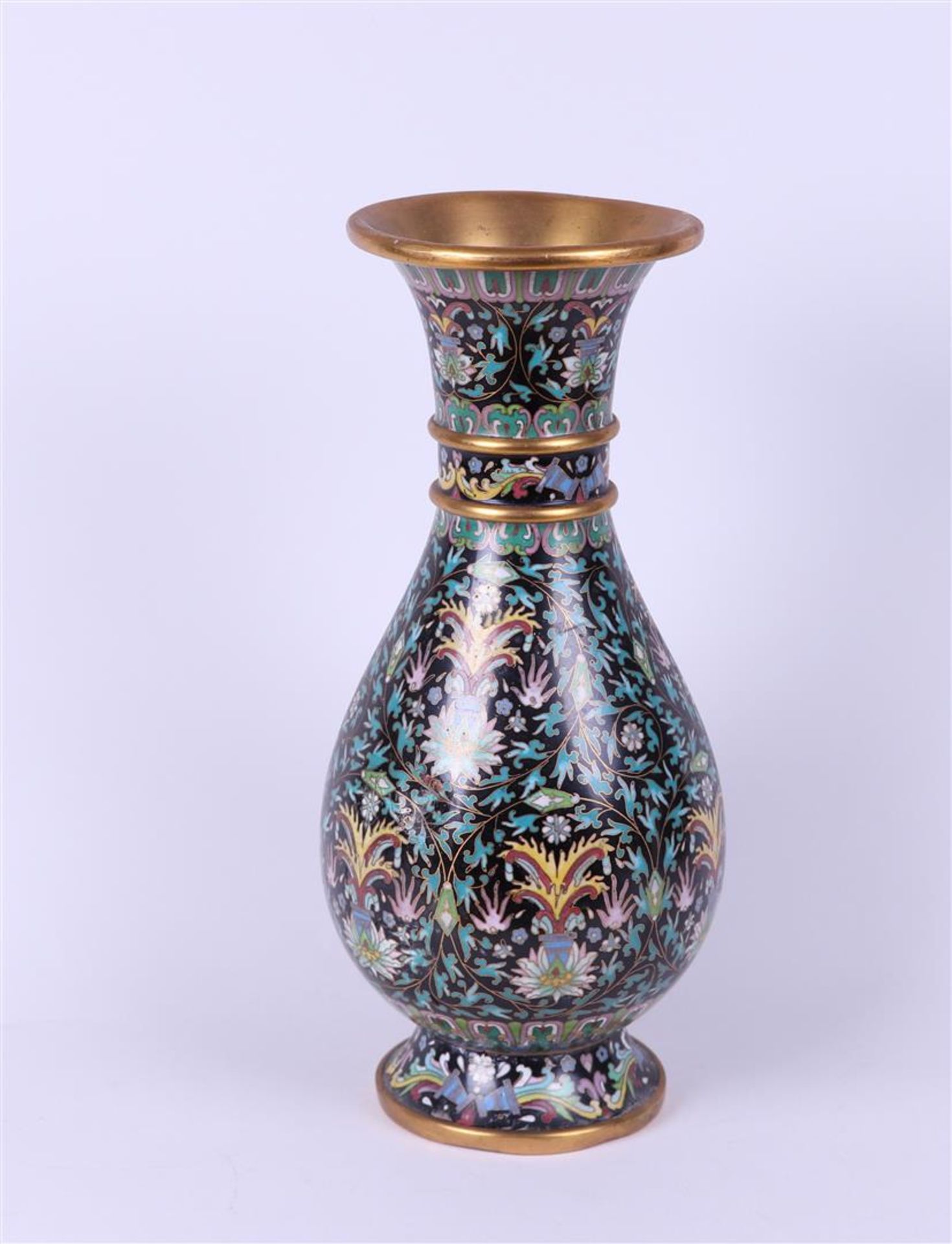 A cloisonne vase on a wooden base with floral decor. China, 20th century.
 - Image 2 of 4