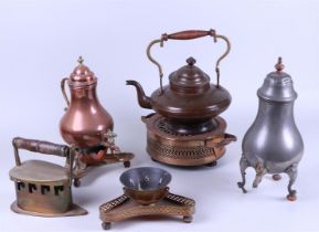 A lot including a pewter and copper tap jug. Holland, 19th century.