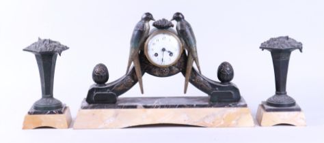 Art Deco Clock Set on Marble Base (Mantel Clock and Two Bell Vases, Approx. 1920)