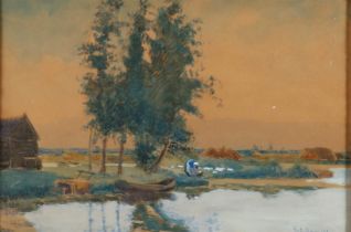 Anton Smeerdijk ('s-Graveland 1885 - 1965 Roermond), Polder landscape with washerwoman at bleaching